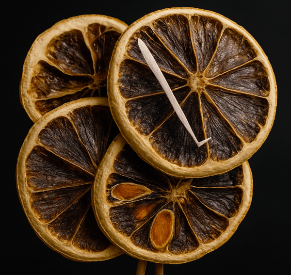 Citron noir séché tranché vu de face, texture nervurée et surface mate sur fond noir esthétique